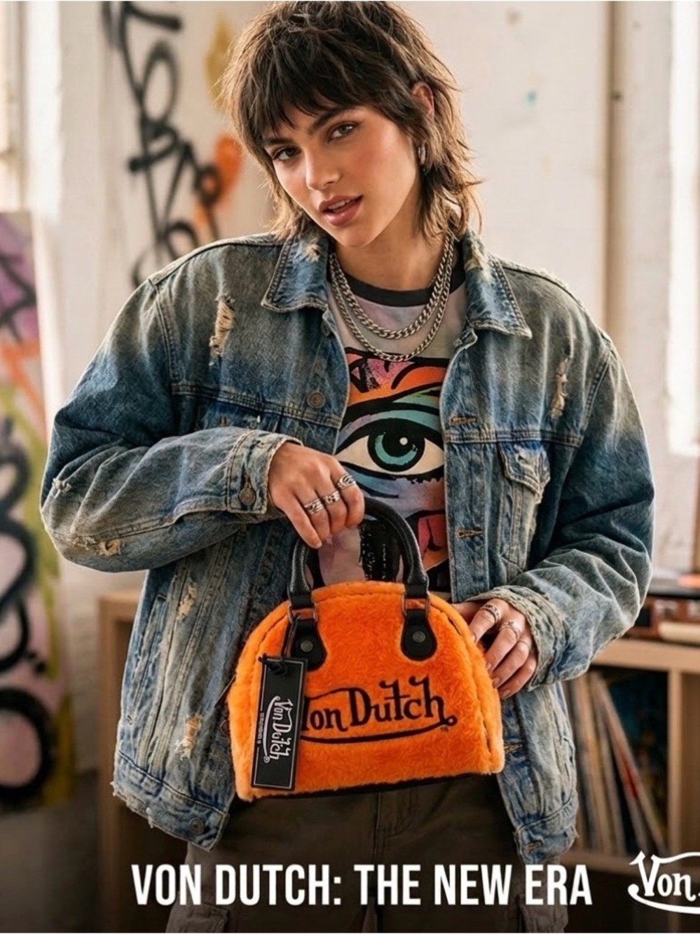 Von Dutch Orange Faux Fur Bowling  Bag with Black Accents